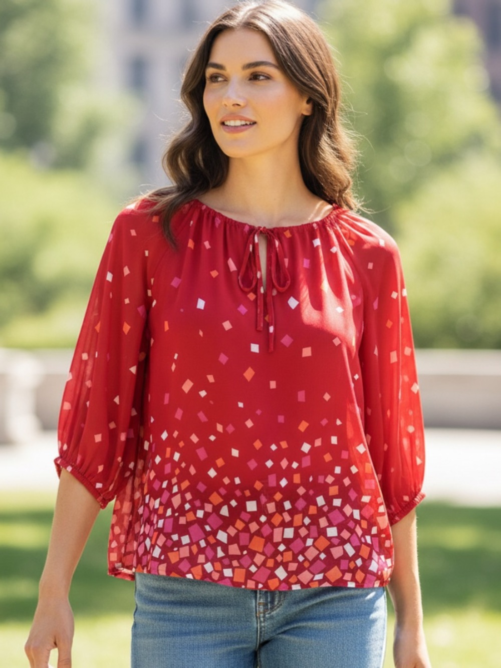 Women’s Bob Mackie Red Pink Geometric Peasant Blouse
